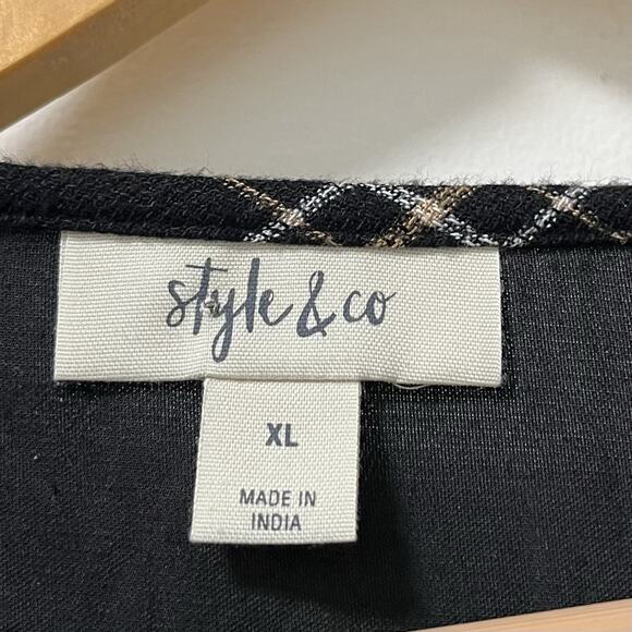 Style & Co Womens Floral Embroidered Velvet Trim Peasant Top Size XL Black Plaid - Picture 7 of 8